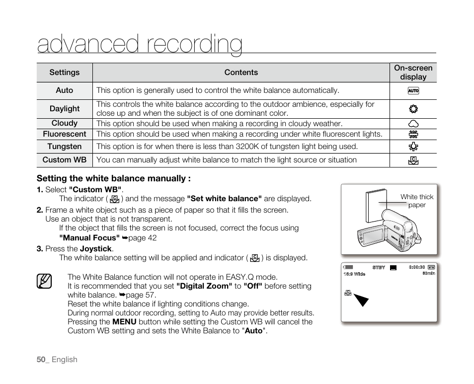 Advanced recording | Samsung SC-D382-XAA User Manual | Page 58 / 115