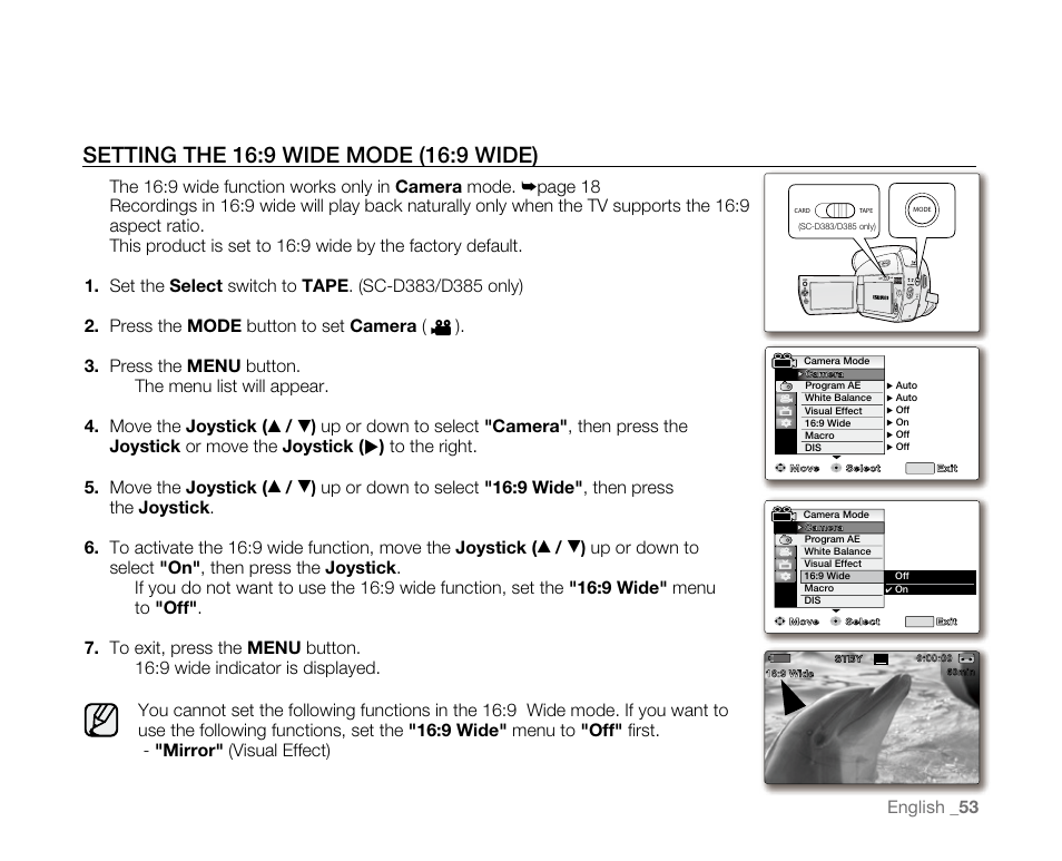 The 16:9 wide function works only in camera mode, English _ 53 | Samsung SC-D382-XAA User Manual | Page 61 / 115