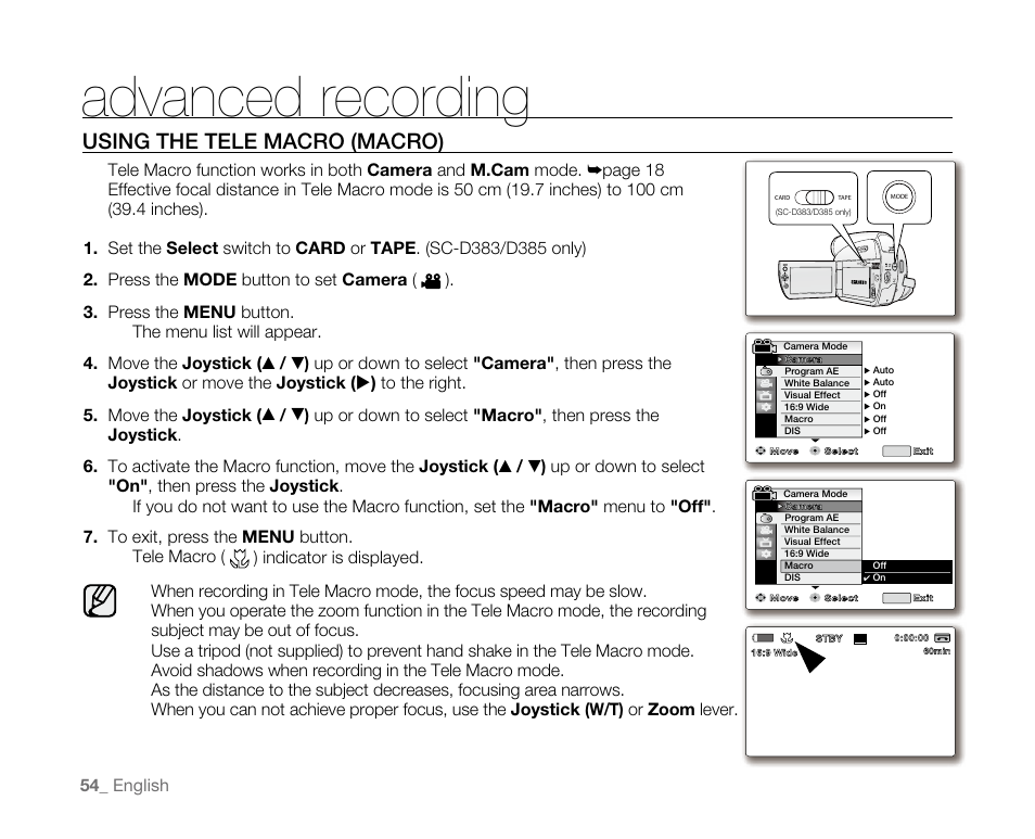 Advanced recording, Using the tele macro (macro), 54 _ english | Samsung SC-D382-XAA User Manual | Page 62 / 115