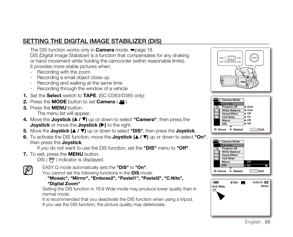 Setting the digital image stabilizer (dis), English _ 55, The dis function works only in camera mode | Samsung SC-D382-XAA User Manual | Page 63 / 115