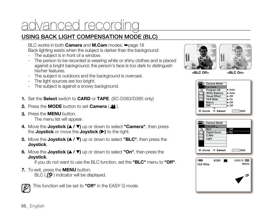 Advanced recording, Using back light compensation mode (blc), 56 _ english | Blc works in both camera and m.cam modes | Samsung SC-D382-XAA User Manual | Page 64 / 115