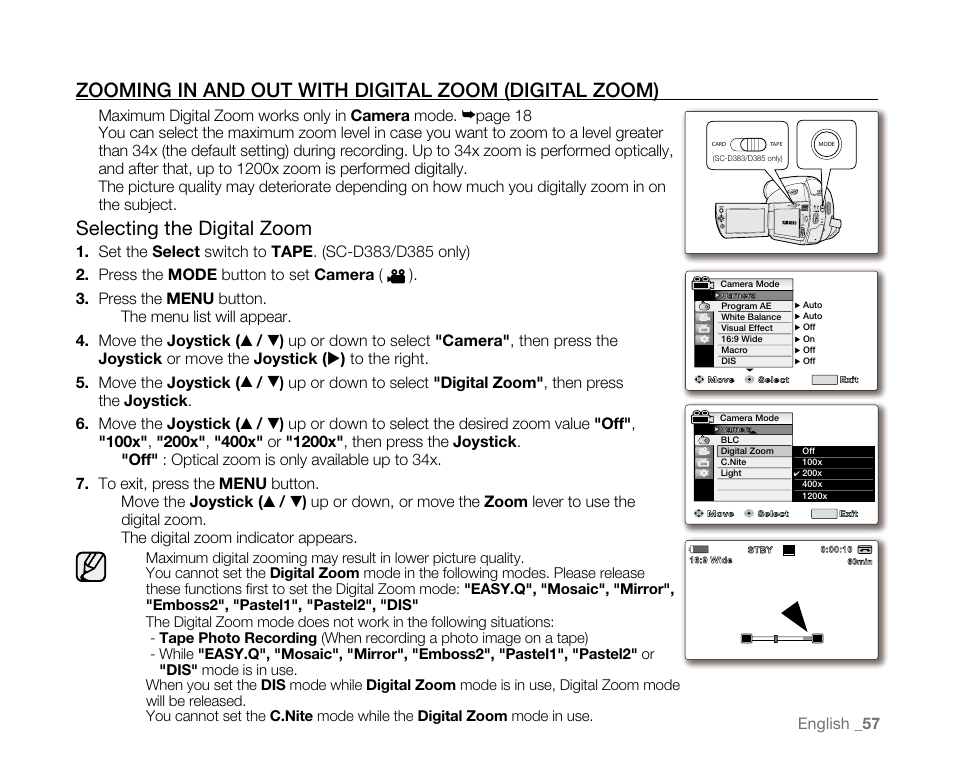 Selecting the digital zoom, Maximum digital zoom works only in camera mode, English _ 57 | Samsung SC-D382-XAA User Manual | Page 65 / 115