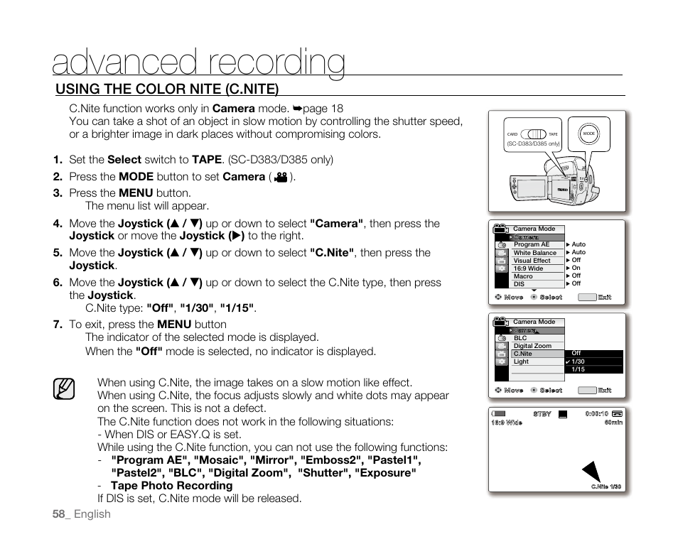 Advanced recording, Using the color nite (c.nite) | Samsung SC-D382-XAA User Manual | Page 66 / 115