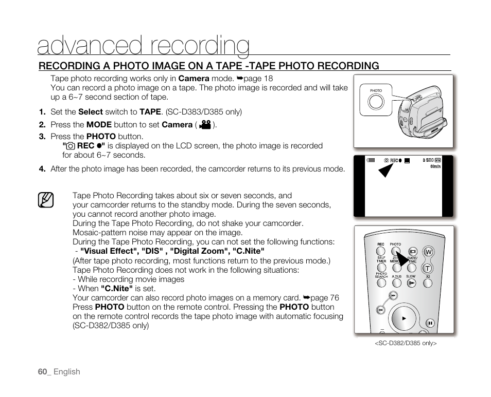 Advanced recording | Samsung SC-D382-XAA User Manual | Page 68 / 115