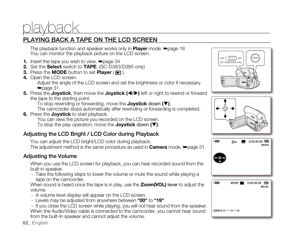 Playback, Playing back a tape on the lcd screen | Samsung SC-D382-XAA User Manual | Page 70 / 115