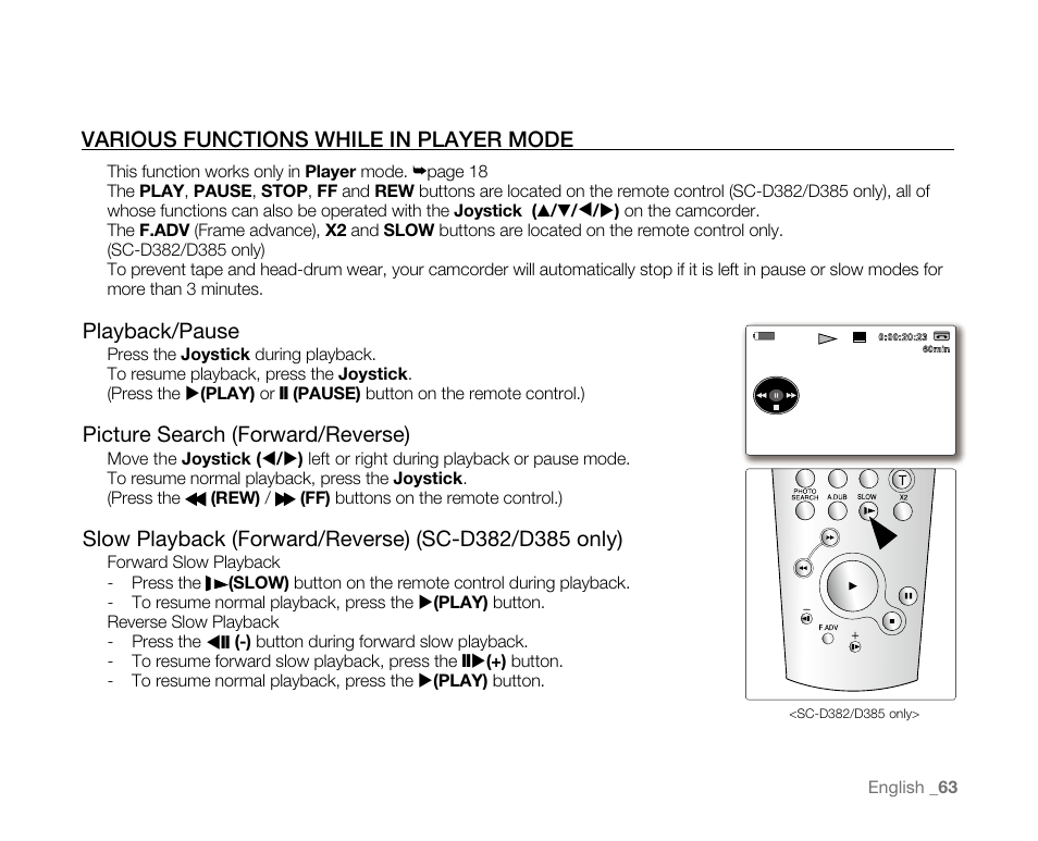 Various functions while in player mode, Playback/pause, Picture search (forward/reverse) | Samsung SC-D382-XAA User Manual | Page 71 / 115