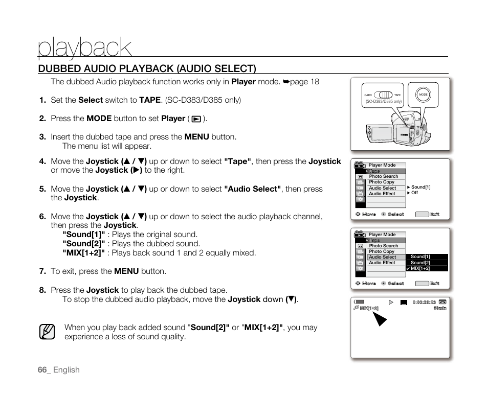 Playback, Dubbed audio playback (audio select) | Samsung SC-D382-XAA User Manual | Page 74 / 115