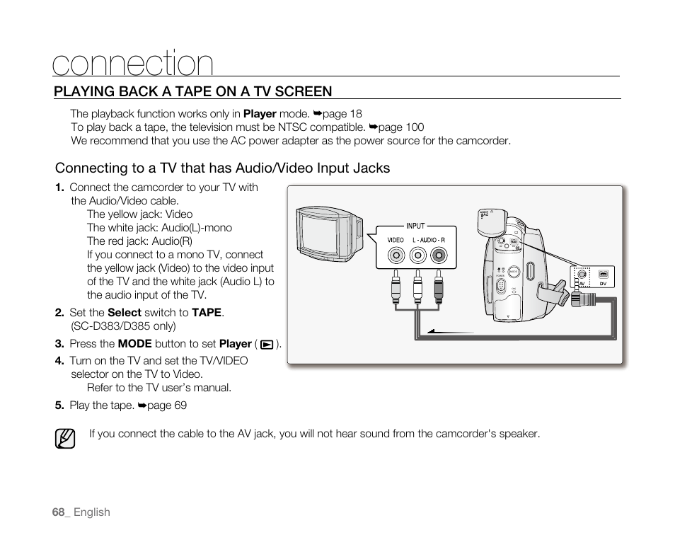 Connection, Playing back a tape on a tv screen | Samsung SC-D382-XAA User Manual | Page 76 / 115