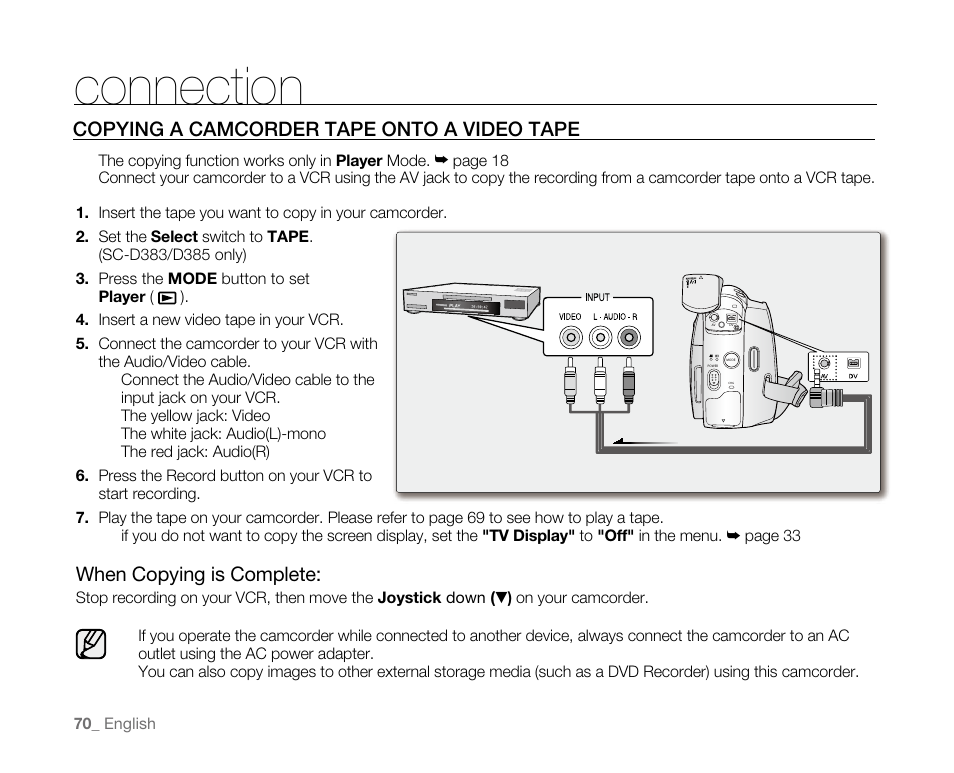 Connection, When copying is complete, Copying a camcorder tape onto a video tape | Samsung SC-D382-XAA User Manual | Page 78 / 115