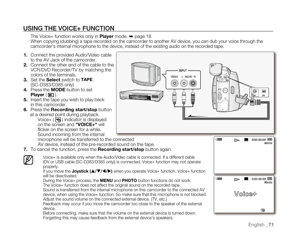 Voice, Using the voice+ function | Samsung SC-D382-XAA User Manual | Page 79 / 115