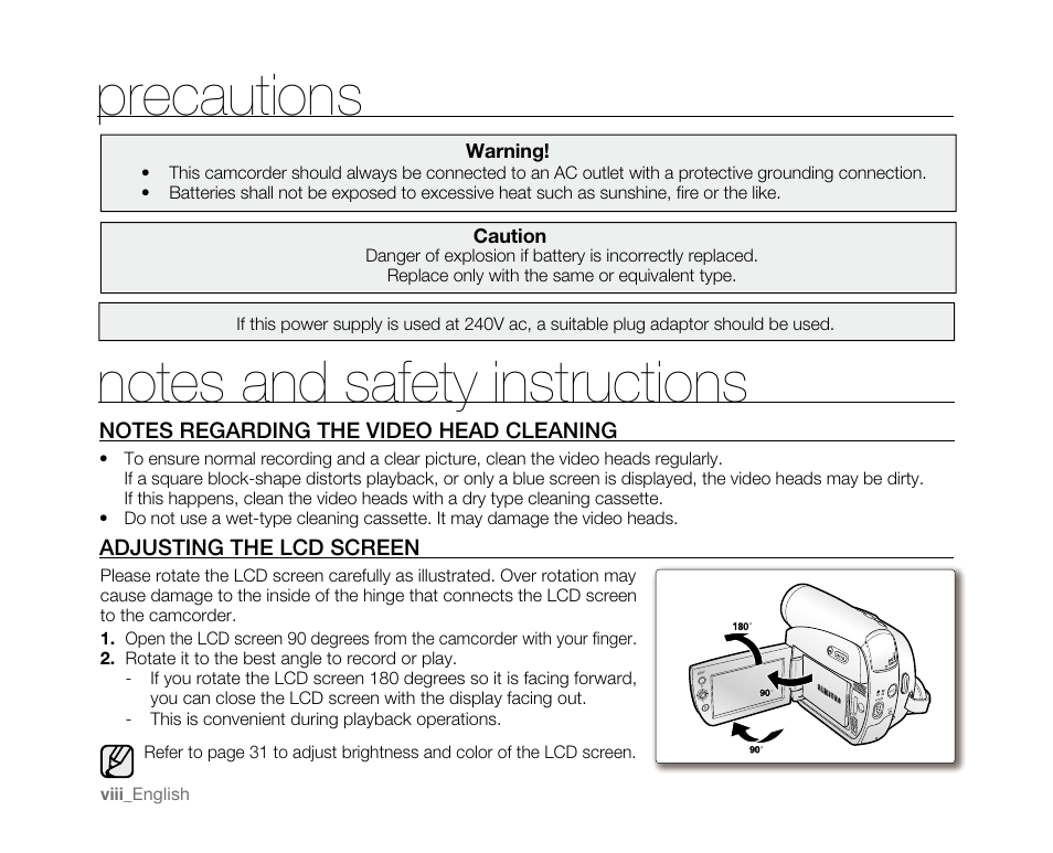 Adjustingthelcdscreen, Warning, Caution | Samsung SC-D382-XAA User Manual | Page 8 / 115