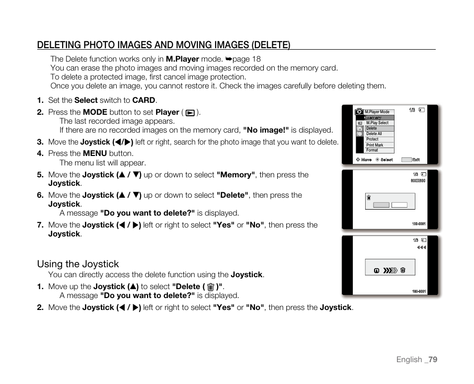 Deleting photo images and moving images (delete), Using the joystick | Samsung SC-D382-XAA User Manual | Page 87 / 115