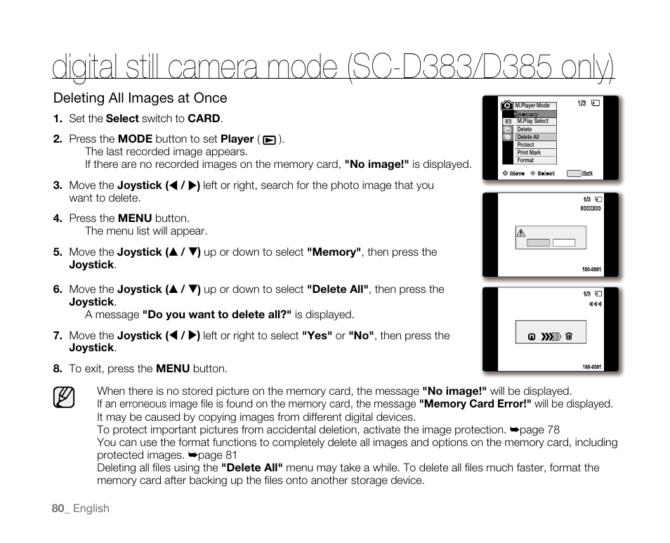 Deleting all images at once | Samsung SC-D382-XAA User Manual | Page 88 / 115