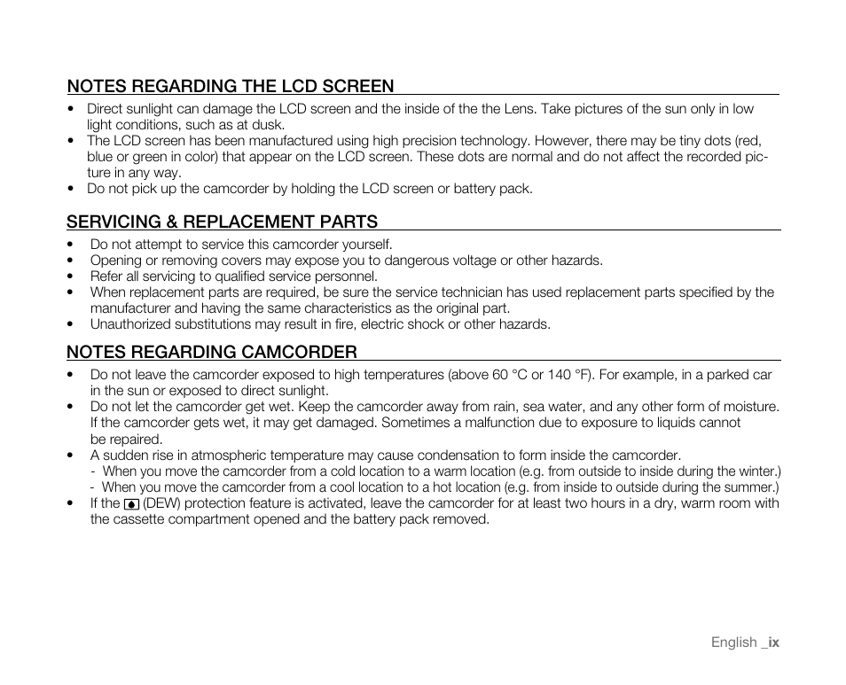 Notes regarding the lcd screen, Servicing & replacement parts, Notes regarding camcorder | Servicing&replacementparts | Samsung SC-D382-XAA User Manual | Page 9 / 115