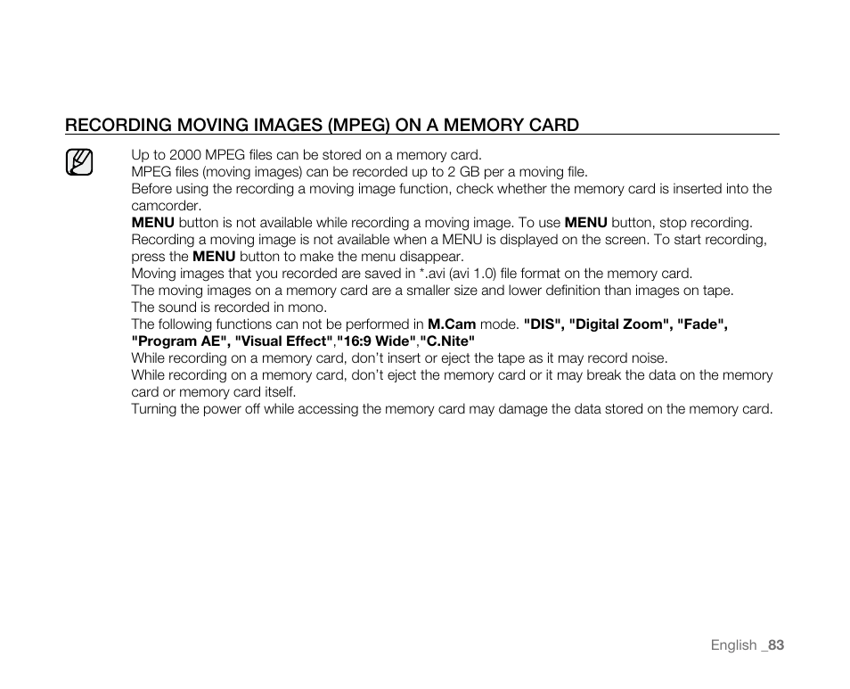 Recording moving images (mpeg) on a memory card | Samsung SC-D382-XAA User Manual | Page 91 / 115