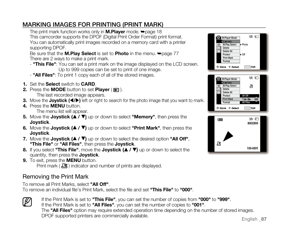 Marking images for printing (print mark), Removing the print mark | Samsung SC-D382-XAA User Manual | Page 95 / 115