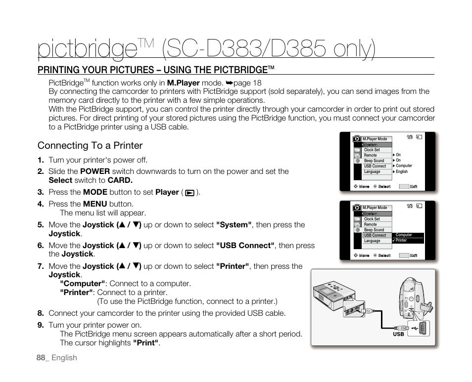 Pictbridge, Printing your pictures – using the pictbridge, Connecting to a printer | Samsung SC-D382-XAA User Manual | Page 96 / 115