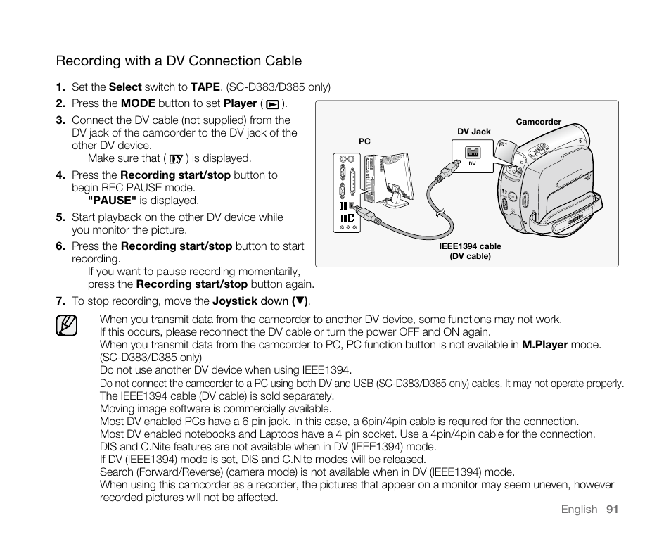Recording with a dv connection cable | Samsung SC-D382-XAA User Manual | Page 99 / 115
