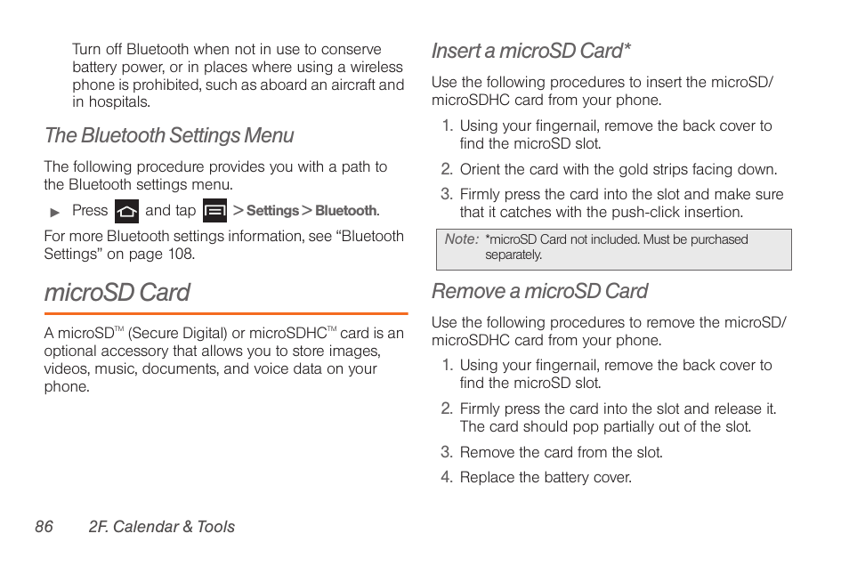 The bluetooth settings menu, Microsd card, Insert a microsd card | Remove a microsd card | Samsung SPH-D710AAABST User Manual | Page 100 / 204