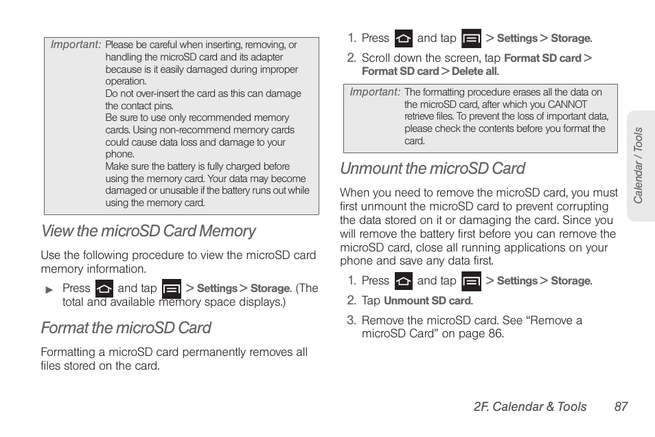 View the microsd card memory, Format the microsd card, Unmount the microsd card | Samsung SPH-D710AAABST User Manual | Page 101 / 204