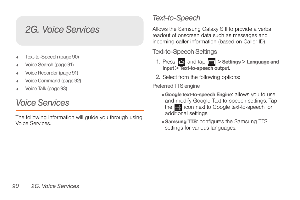 2g. voice services, Voice services, Text-to-speech | Samsung SPH-D710AAABST User Manual | Page 104 / 204
