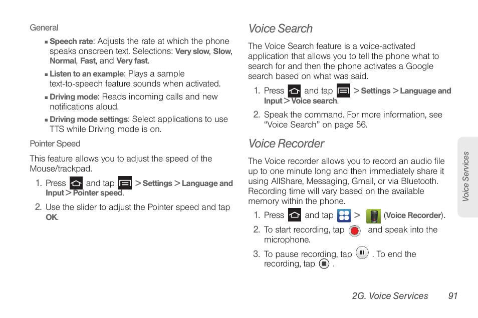 Voice search, Voice recorder | Samsung SPH-D710AAABST User Manual | Page 105 / 204