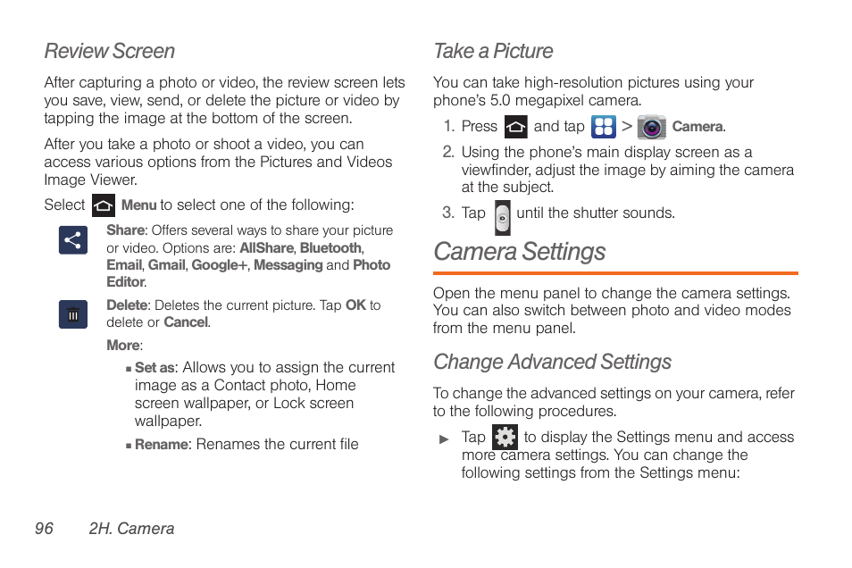 Review screen, Take a picture, Camera settings | Change advanced settings | Samsung SPH-D710AAABST User Manual | Page 110 / 204