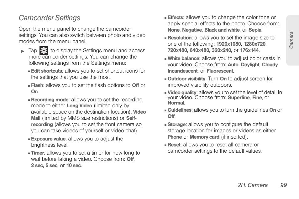 Camcorder settings | Samsung SPH-D710AAABST User Manual | Page 113 / 204