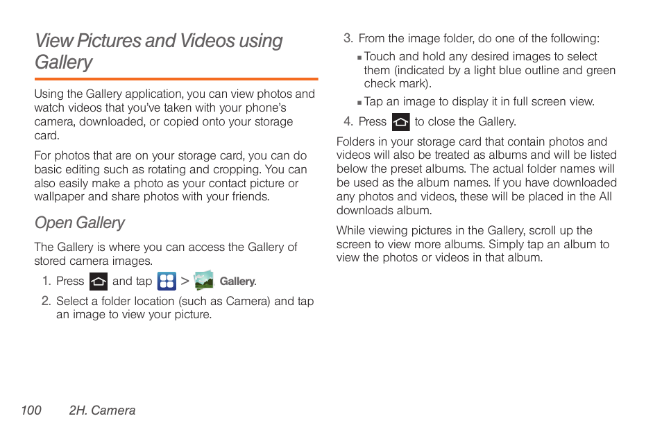 View pictures and videos using gallery, Open gallery | Samsung SPH-D710AAABST User Manual | Page 114 / 204
