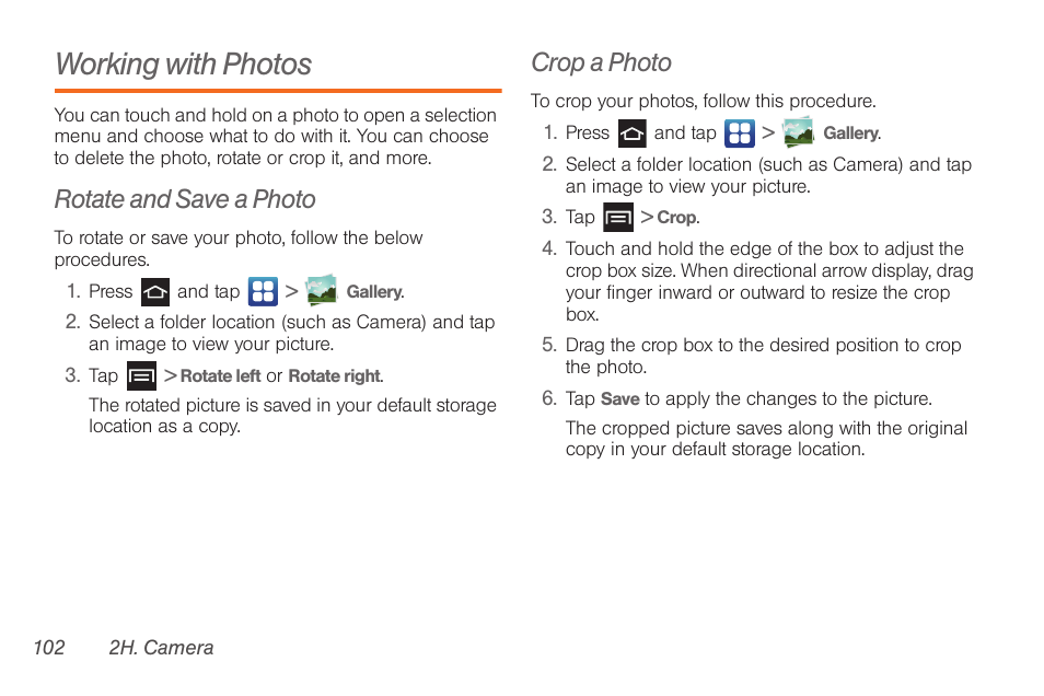 Working with photos, Rotate and save a photo, Crop a photo | Samsung SPH-D710AAABST User Manual | Page 116 / 204