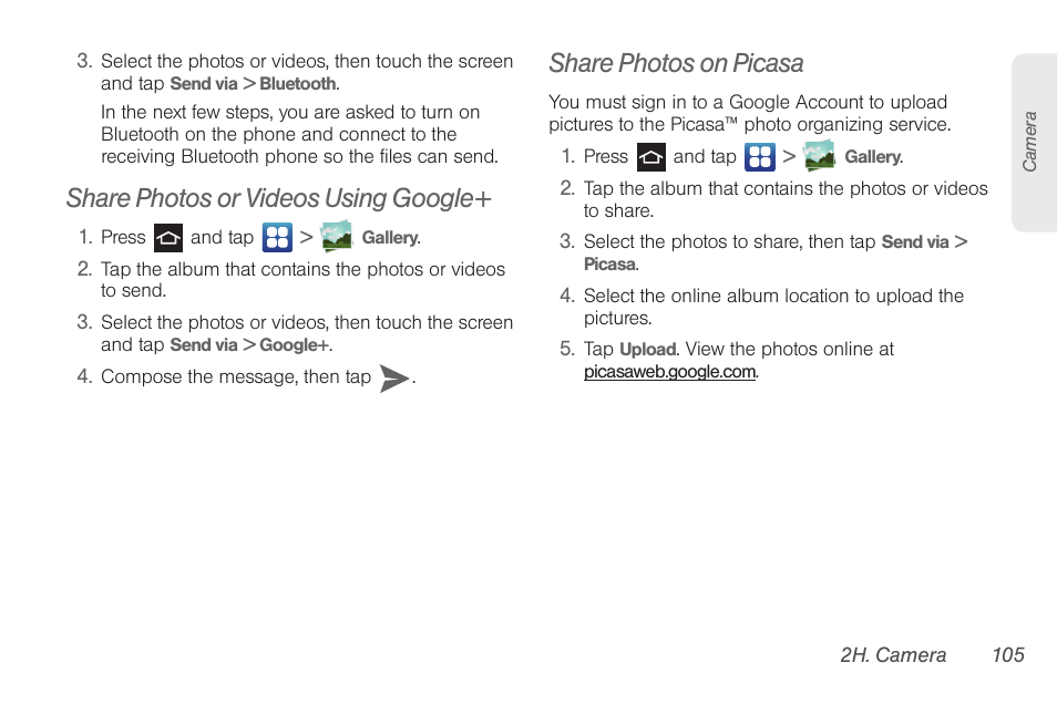 Share photos or videos using google, Share photos on picasa | Samsung SPH-D710AAABST User Manual | Page 119 / 204
