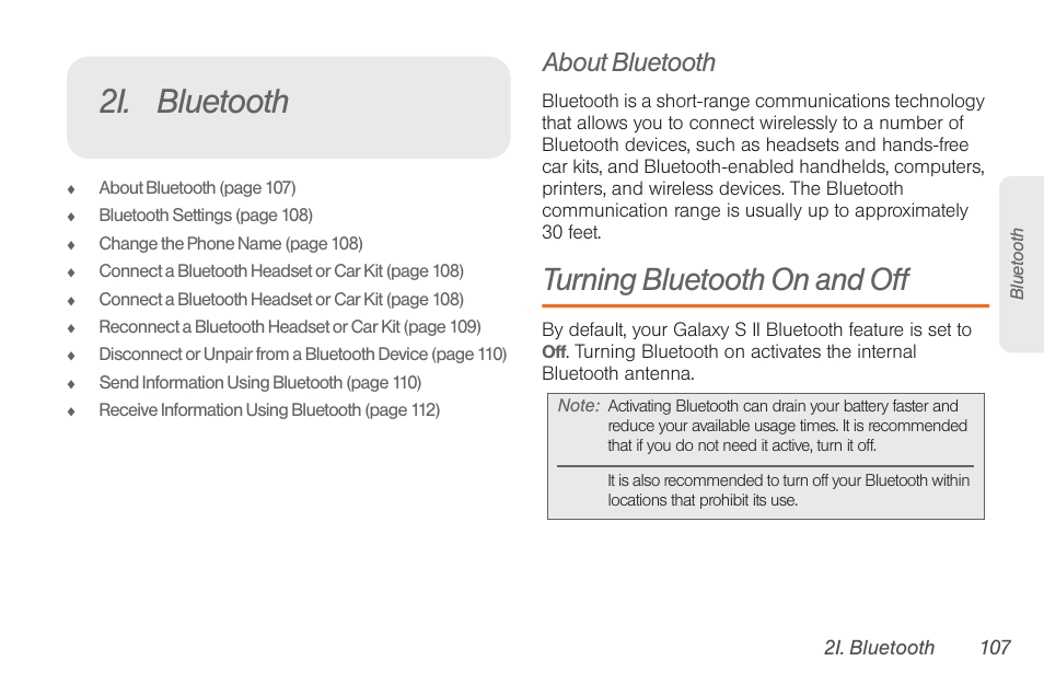 2i. bluetooth, About bluetooth, Turning bluetooth on and off | Bluetooth | Samsung SPH-D710AAABST User Manual | Page 121 / 204