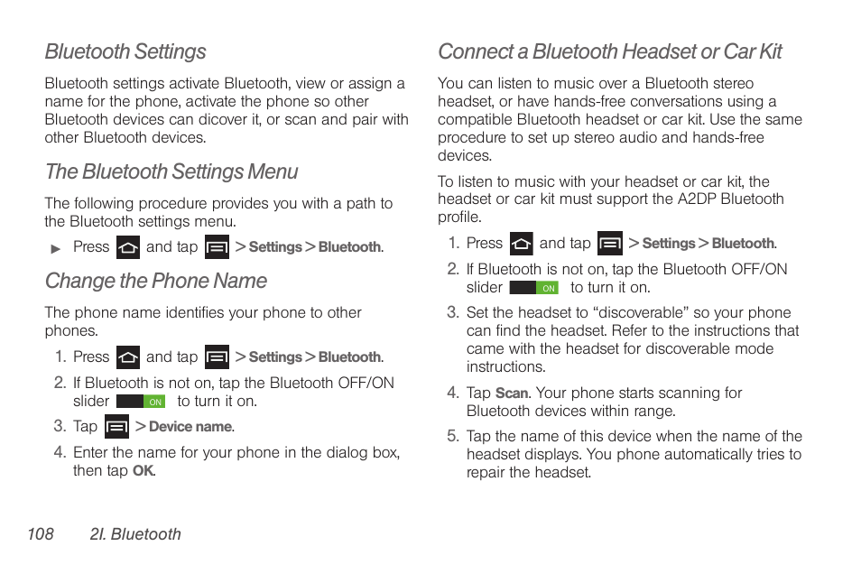 Bluetooth settings, The bluetooth settings menu, Change the phone name | Connect a bluetooth headset or car kit | Samsung SPH-D710AAABST User Manual | Page 122 / 204