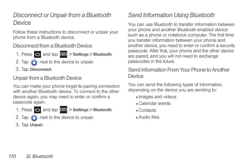 Disconnect or unpair from a bluetooth device, Send information using bluetooth | Samsung SPH-D710AAABST User Manual | Page 124 / 204