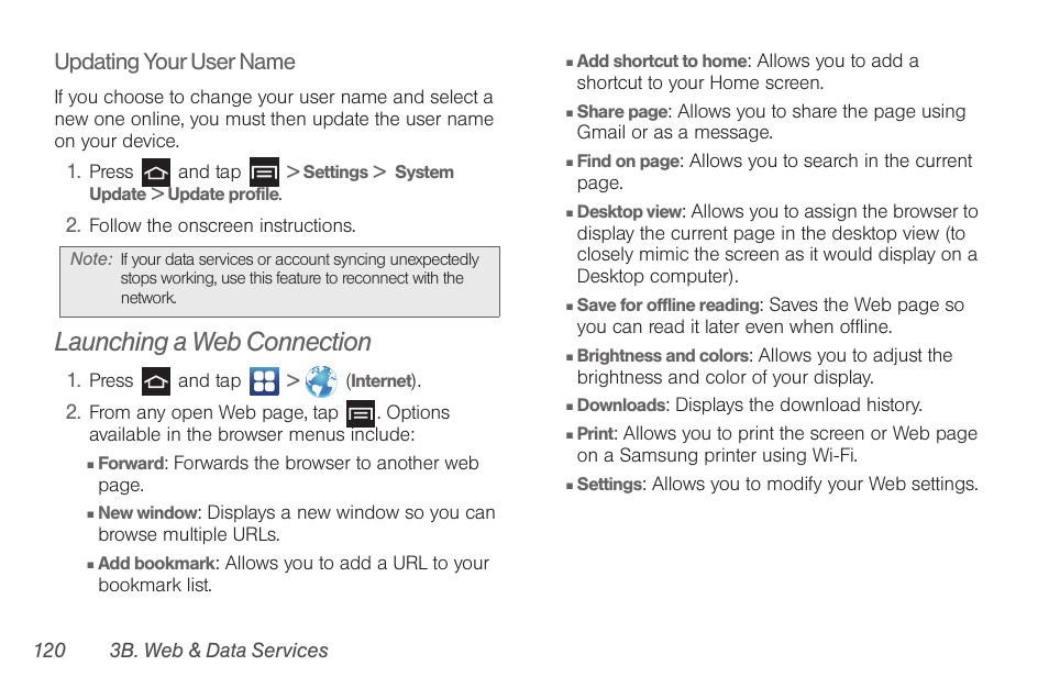 Launching a web connection, Updating your user name | Samsung SPH-D710AAABST User Manual | Page 134 / 204