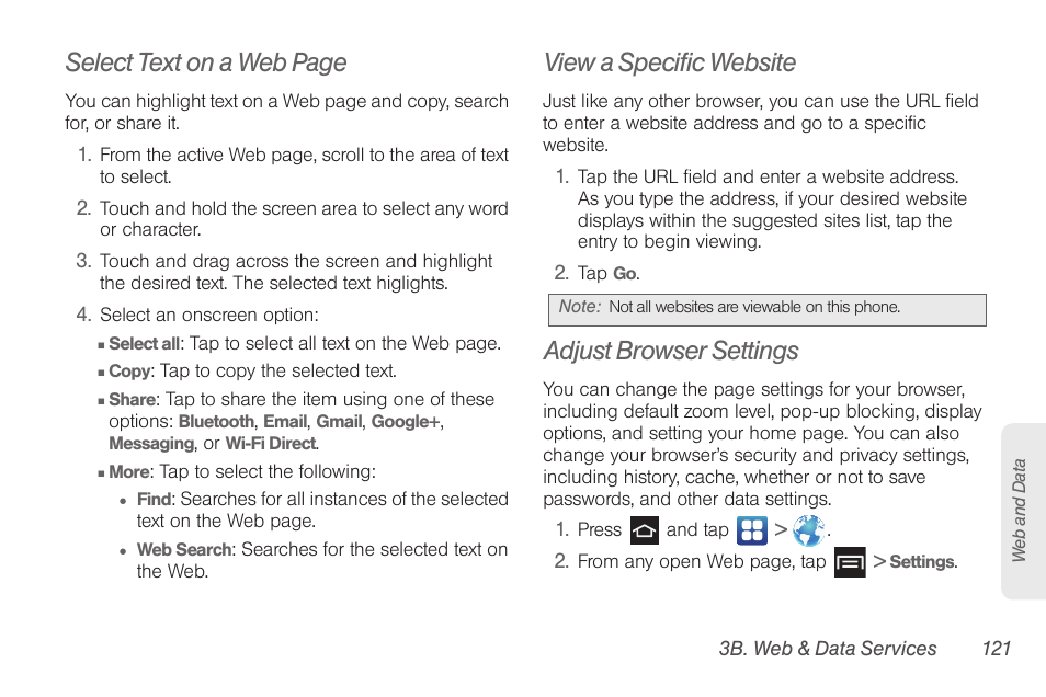 View a specific website, Adjust browser settings, Select text on a web page | Samsung SPH-D710AAABST User Manual | Page 135 / 204