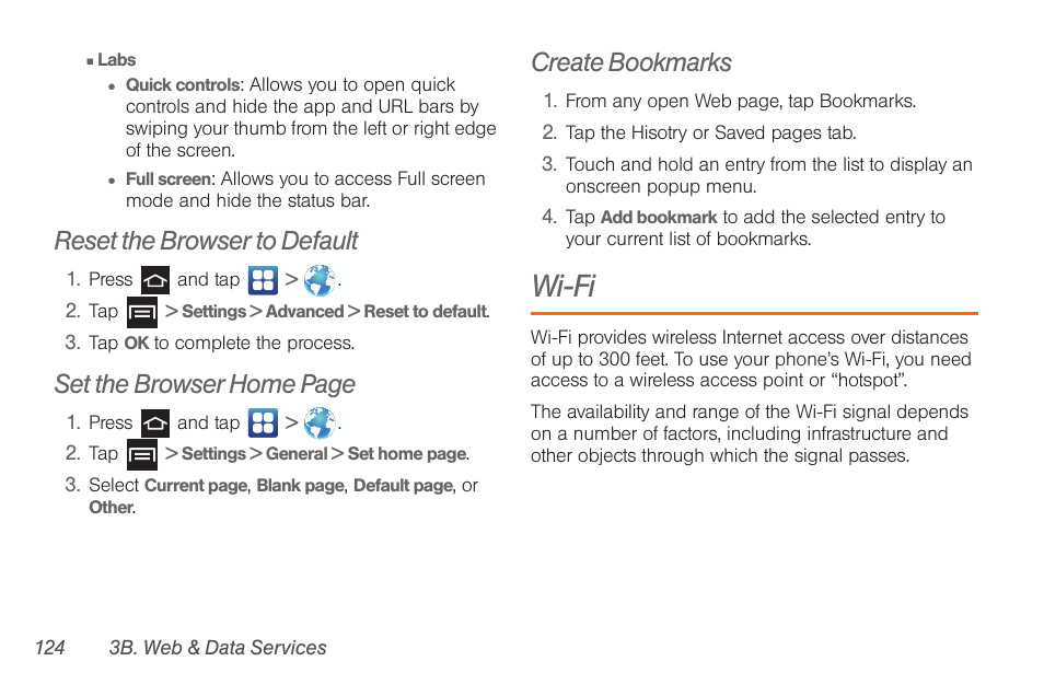 Reset the browser to default, Create bookmarks, Wi-fi | Set the browser home page | Samsung SPH-D710AAABST User Manual | Page 138 / 204