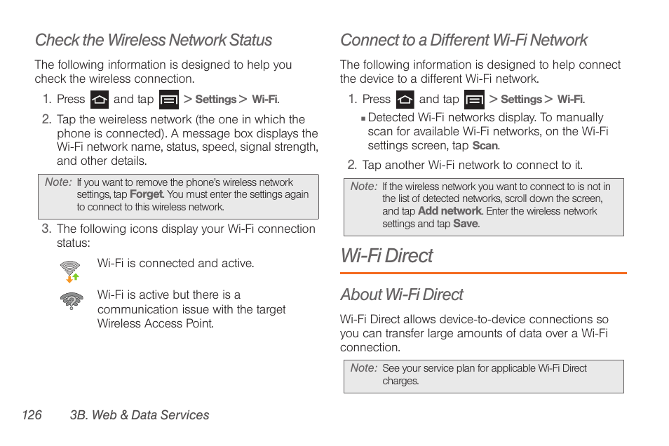 Check the wireless network status, Connect to a different wi-fi network, Wi-fi direct | About wi-fi direct | Samsung SPH-D710AAABST User Manual | Page 140 / 204