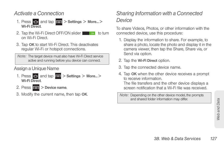 Activate a connection, Sharing information with a connected device | Samsung SPH-D710AAABST User Manual | Page 141 / 204