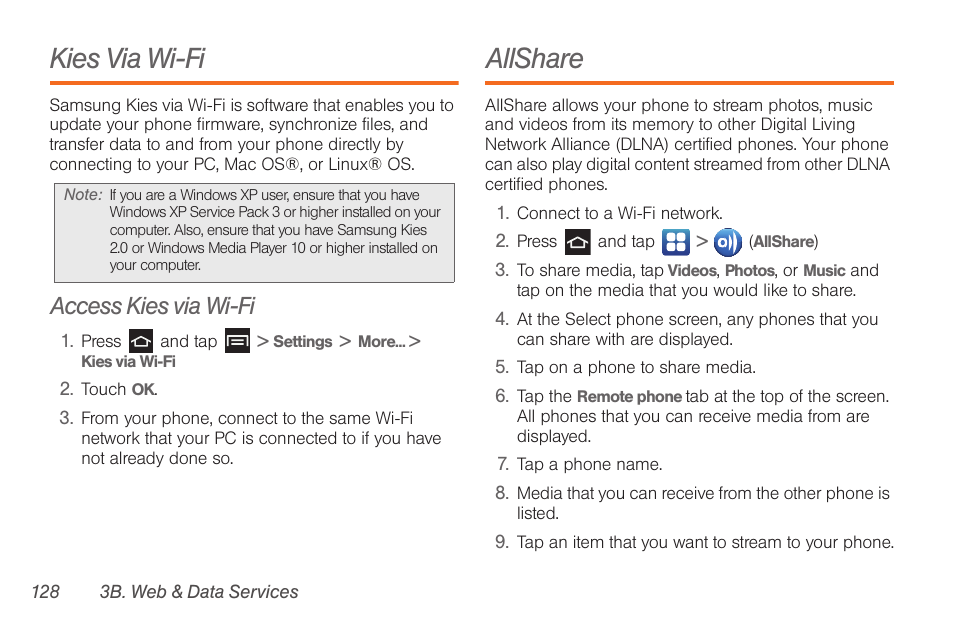 Kies via wi-fi, Access kies via wi-fi, Allshare | Samsung SPH-D710AAABST User Manual | Page 142 / 204