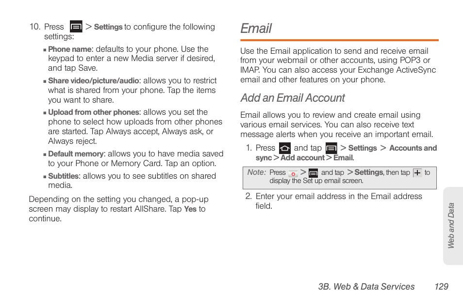Email, Add an email account | Samsung SPH-D710AAABST User Manual | Page 143 / 204