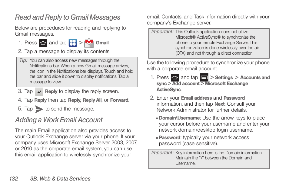 Read and reply to gmail messages, Adding a work email account | Samsung SPH-D710AAABST User Manual | Page 146 / 204