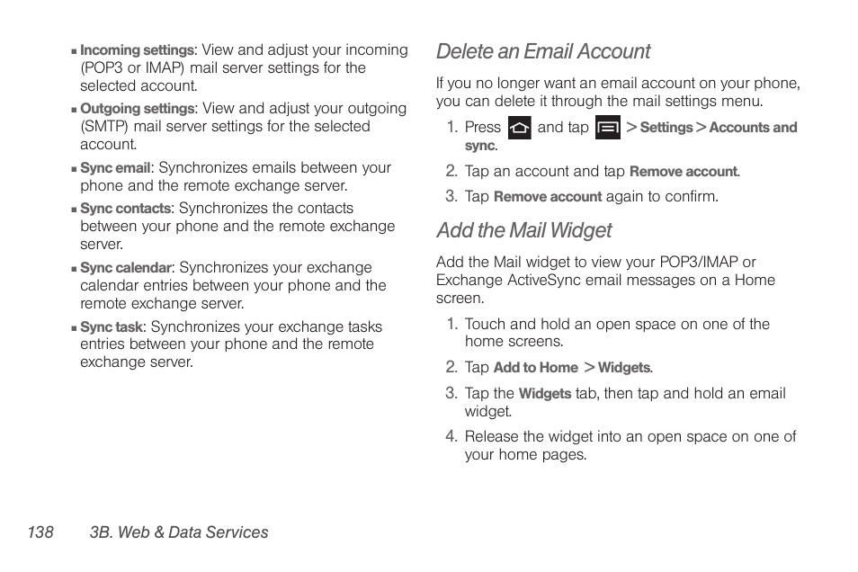 Delete an email account, Add the mail widget | Samsung SPH-D710AAABST User Manual | Page 152 / 204