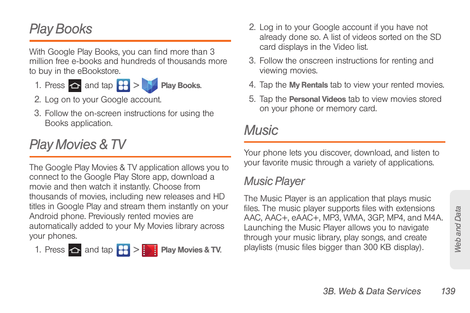 Play books, Play movies & tv, Music | Music player | Samsung SPH-D710AAABST User Manual | Page 153 / 204