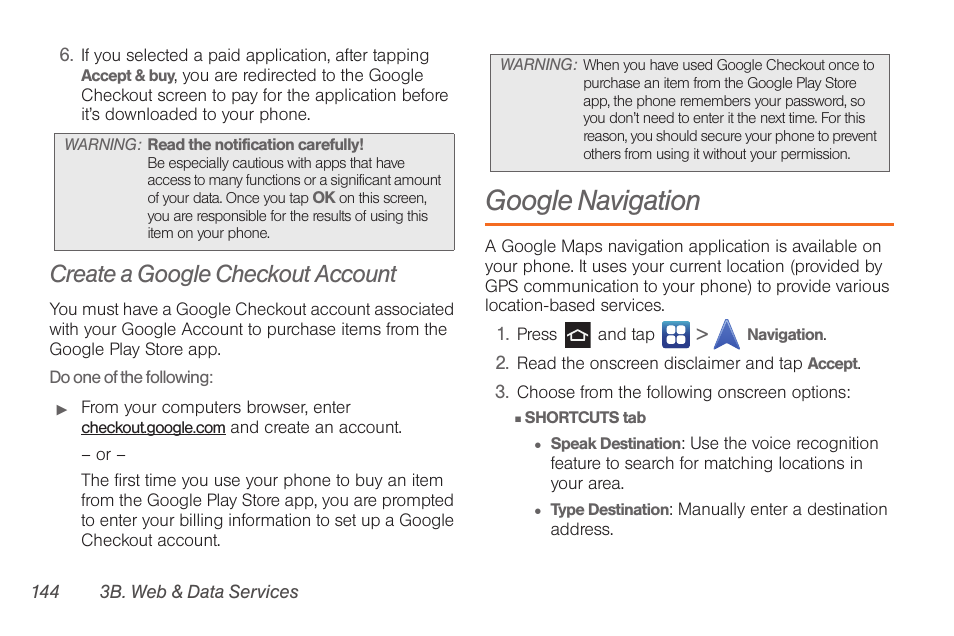 Create a google checkout account, Google navigation | Samsung SPH-D710AAABST User Manual | Page 158 / 204