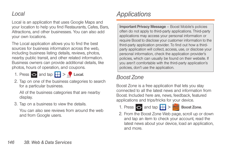 Local, Applications, Boost zone | Samsung SPH-D710AAABST User Manual | Page 160 / 204