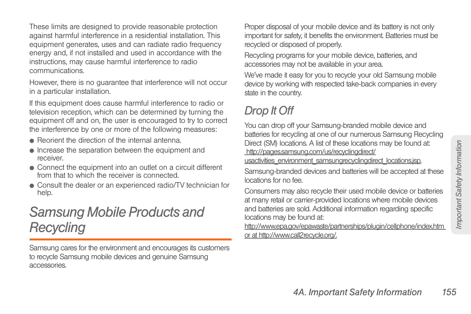Samsung mobile products and recycling, Drop it off | Samsung SPH-D710AAABST User Manual | Page 169 / 204