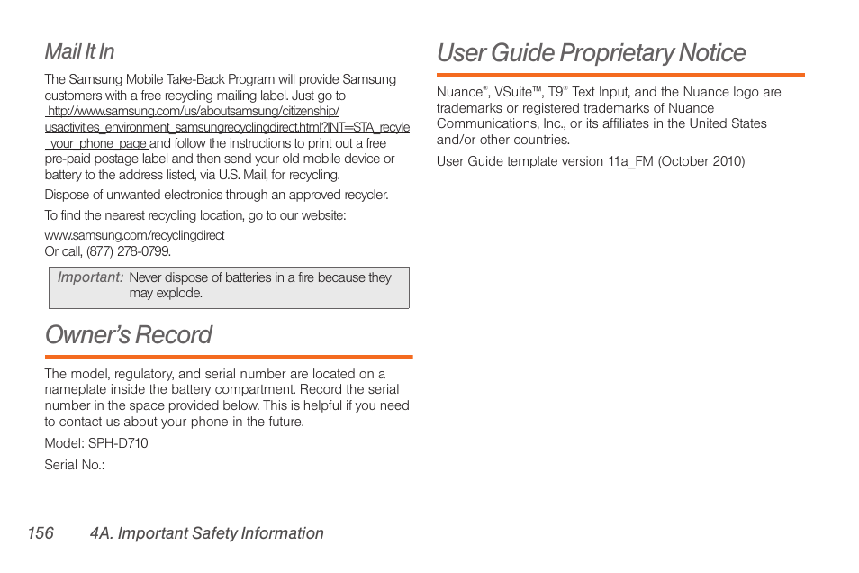 Mail it in, Owner’s record, User guide proprietary notice | Samsung SPH-D710AAABST User Manual | Page 170 / 204