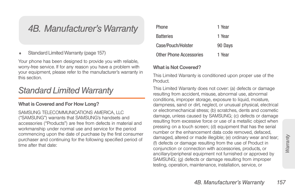 4b. manufacturer’s warranty, Standard limited warranty | Samsung SPH-D710AAABST User Manual | Page 171 / 204
