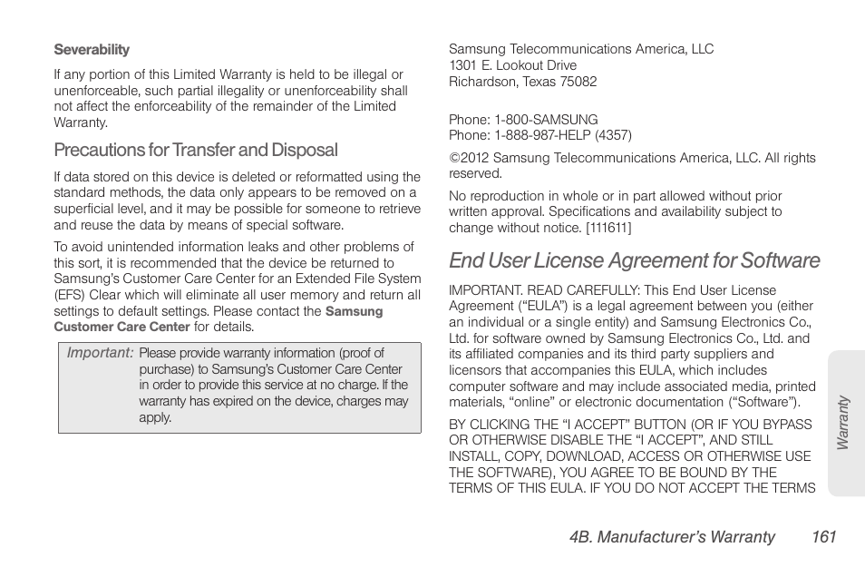 End user license agreement for software, Precautions for transfer and disposal | Samsung SPH-D710AAABST User Manual | Page 175 / 204